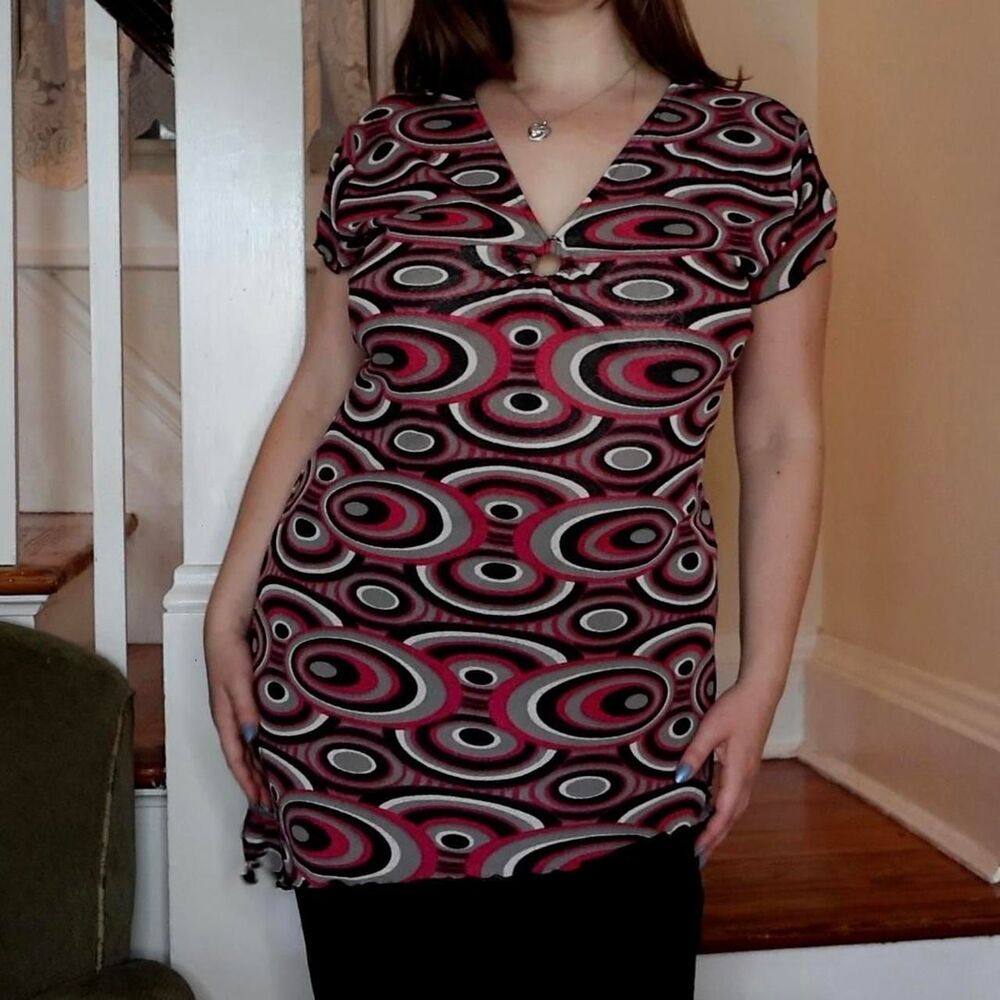 Y2K Euro Pink Black Circle Short Sleeve Sz XL Asymmetrical Tunic Whimsigoth